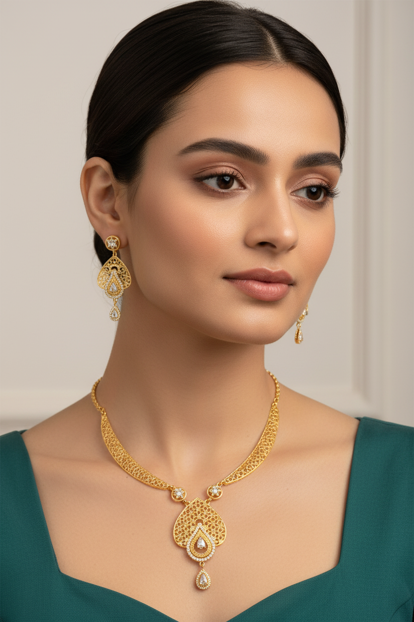 Elegant Teardrop Pendant AD Stone Necklace Set with Earrings – 1 Gram Gold Jewellery