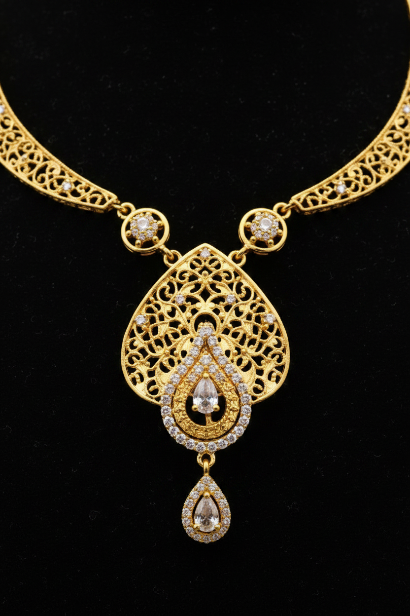 Elegant Teardrop Pendant AD Stone Necklace Set with Earrings – 1 Gram Gold Jewellery