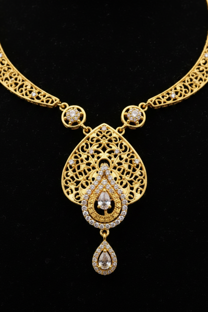 Elegant Teardrop Pendant AD Stone Necklace Set with Earrings – 1 Gram Gold Jewellery