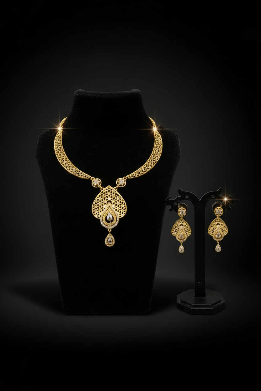Elegant Teardrop Pendant AD Stone Necklace Set with Earrings – 1 Gram Gold Jewellery