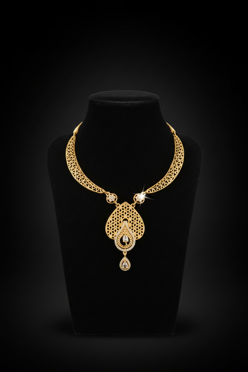 Elegant Teardrop Pendant AD Stone Necklace Set with Earrings – 1 Gram Gold Jewellery