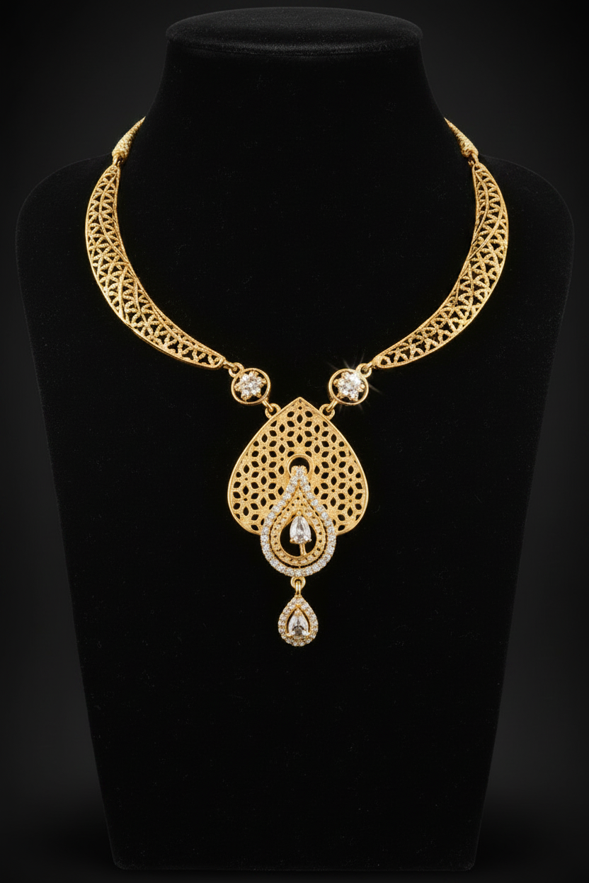 Elegant Teardrop Pendant AD Stone Necklace Set with Earrings – 1 Gram Gold Jewellery