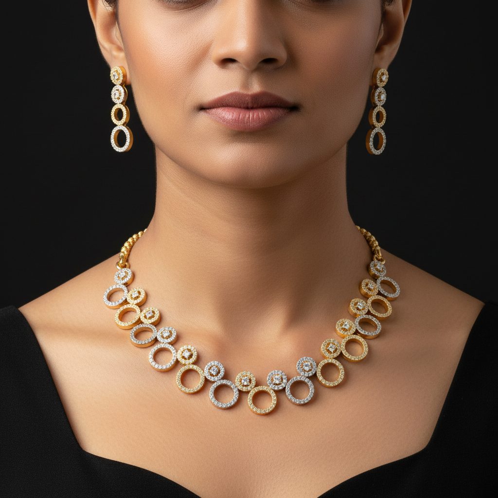 Elegant 1 Gram Gold Plated AD Stone Necklace Set with Earrings – 1 Gram Gold Jewellery