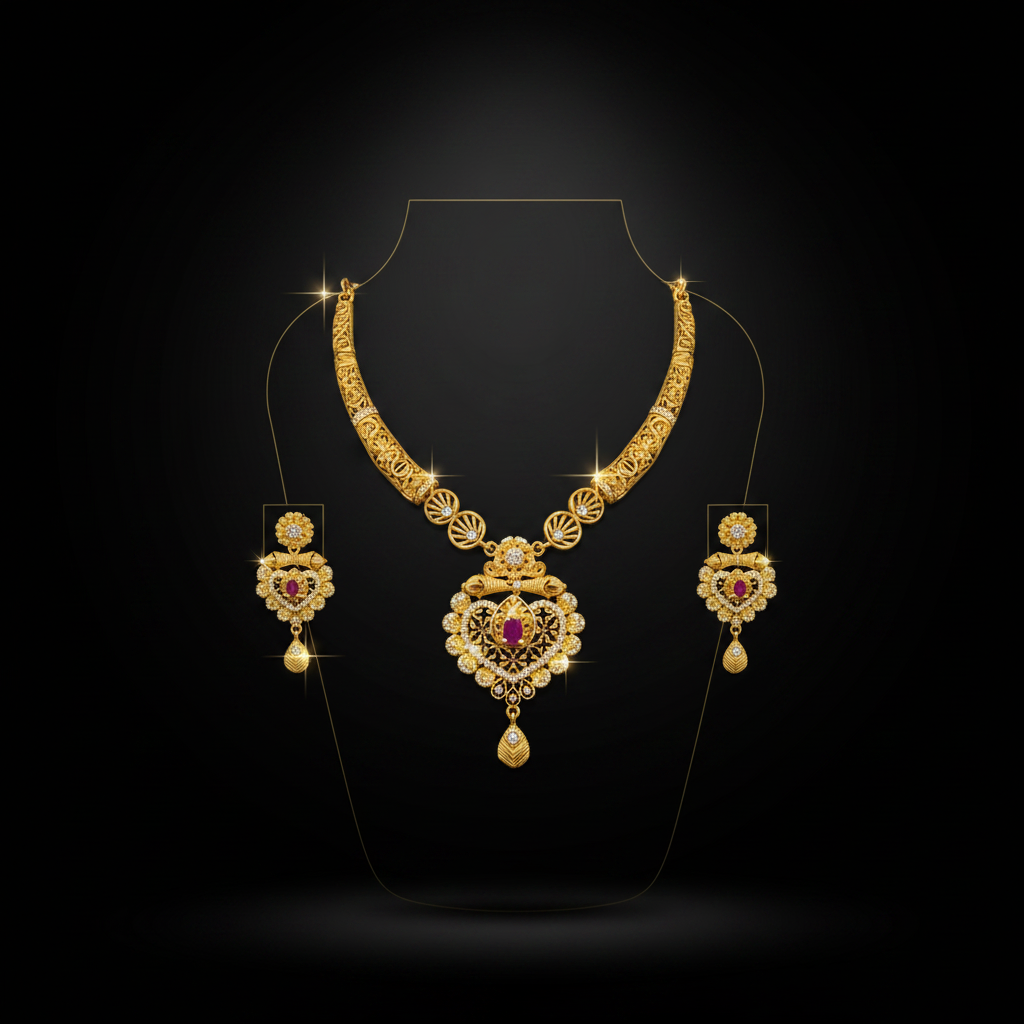 Antique Temple Design AD Necklace Set with Matching Earrings – 1 Gram Gold Jewellery