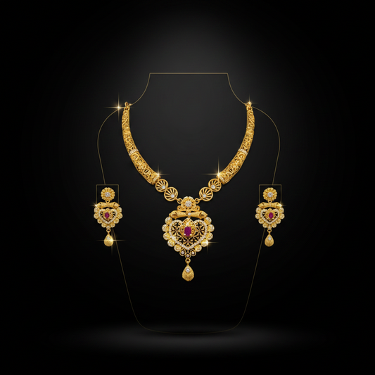 Antique Temple Design AD Necklace Set with Matching Earrings – 1 Gram Gold Jewellery
