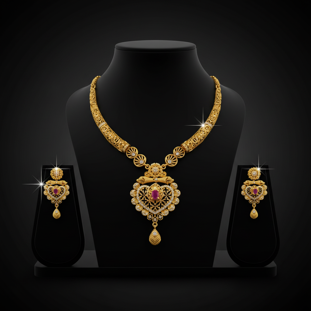 Antique Temple Design AD Necklace Set with Matching Earrings – 1 Gram Gold Jewellery