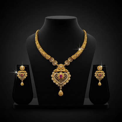 Antique Temple Design AD Necklace Set with Matching Earrings – 1 Gram Gold Jewellery