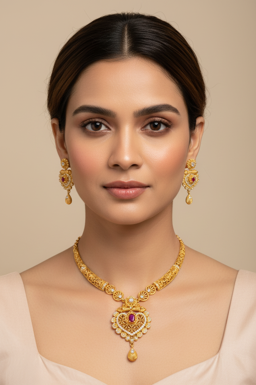 Antique Temple Design AD Necklace Set with Matching Earrings – 1 Gram Gold Jewellery