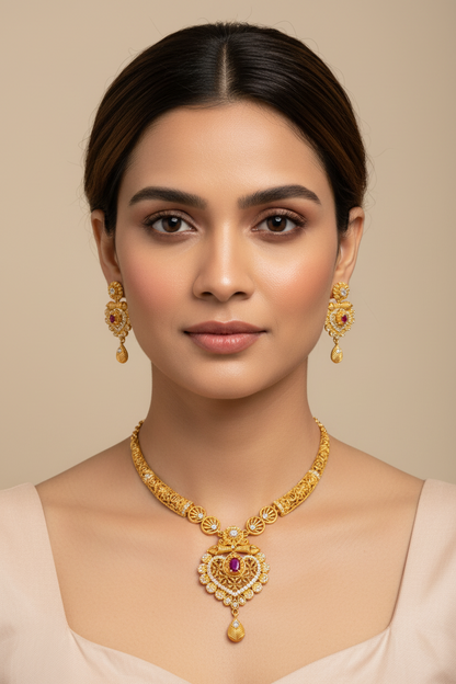 Antique Temple Design AD Necklace Set with Matching Earrings – 1 Gram Gold Jewellery