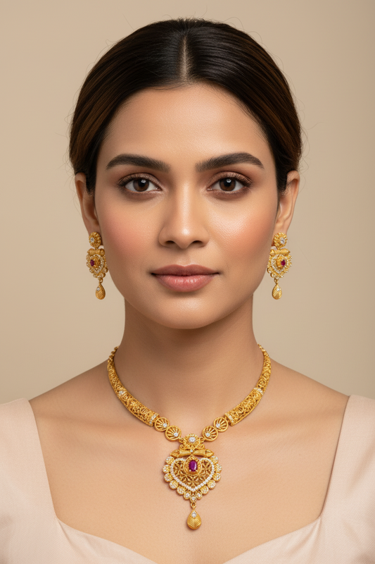 Antique Temple Design AD Necklace Set with Matching Earrings – 1 Gram Gold Jewellery