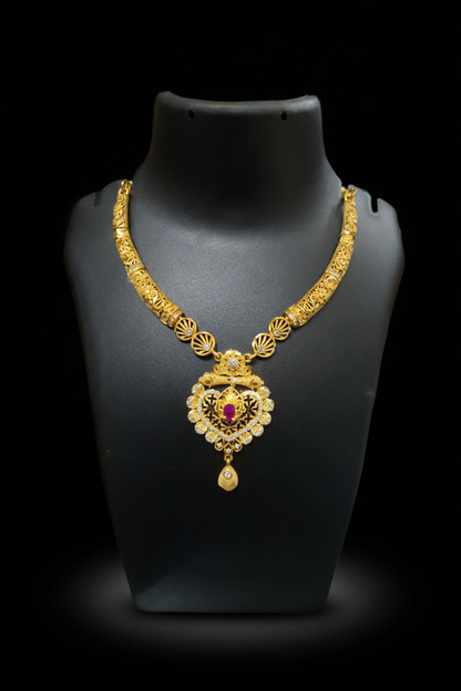 Antique Temple Design AD Necklace Set with Matching Earrings – 1 Gram Gold Jewellery