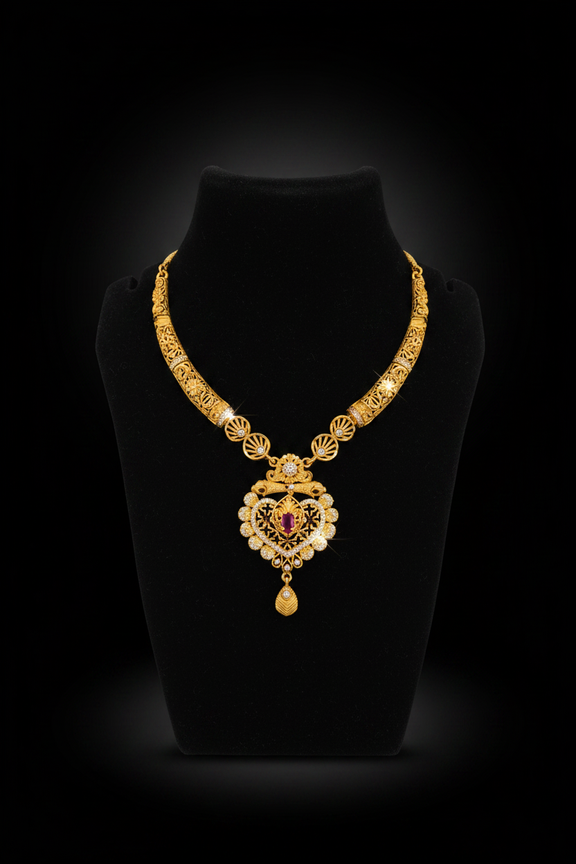 Antique Temple Design AD Necklace Set with Matching Earrings – 1 Gram Gold Jewellery