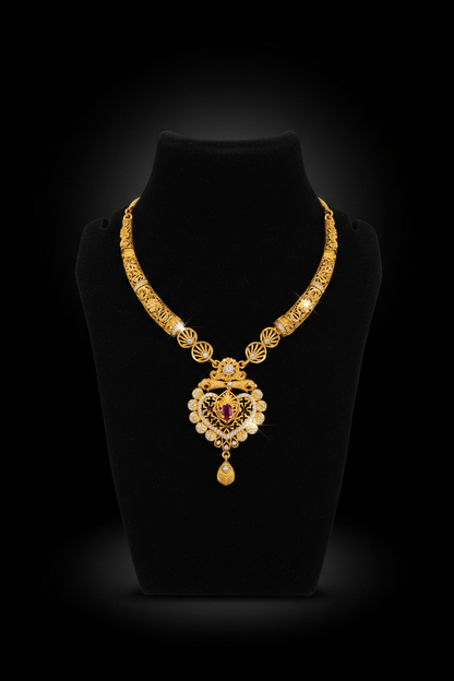 Antique Temple Design AD Necklace Set with Matching Earrings – 1 Gram Gold Jewellery