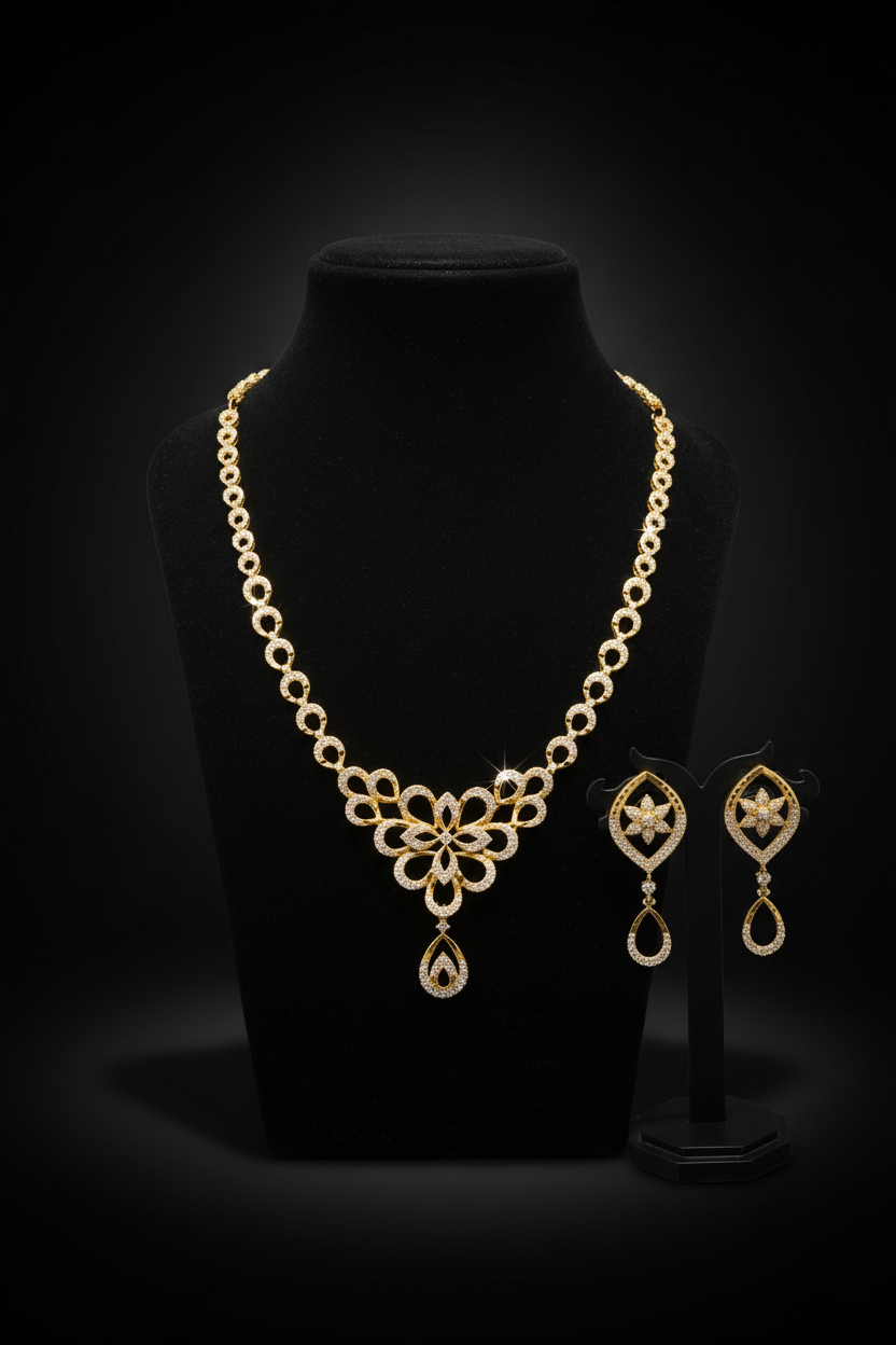 Floral Elegant Designer Necklace with Matching Drop Earrings - 1  Gram Gold Jewellery