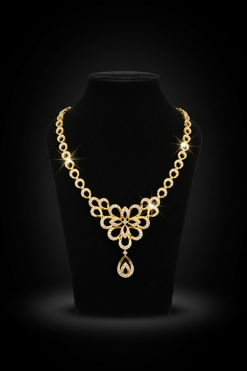 Floral Elegant Designer Necklace with Matching Drop Earrings - 1  Gram Gold Jewellery