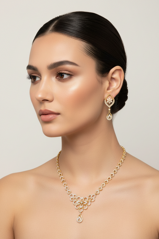 Floral Elegant Designer Necklace with Matching Drop Earrings - 1  Gram Gold Jewellery