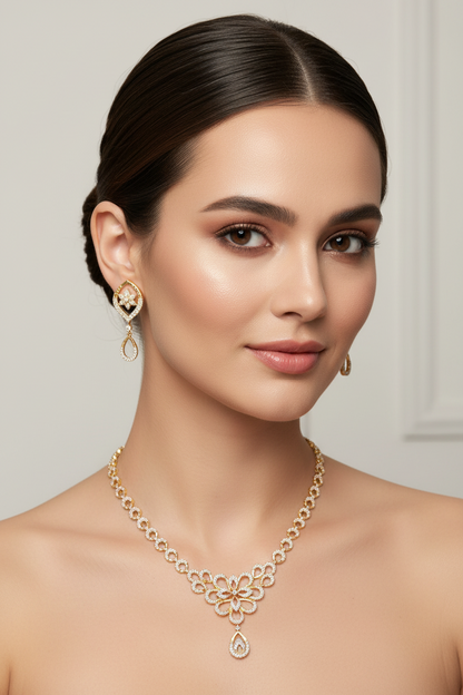 Floral Elegant Designer Necklace with Matching Drop Earrings - 1  Gram Gold Jewellery