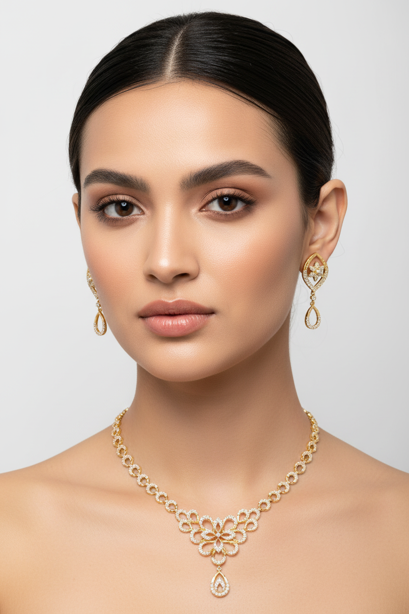 Floral Elegant Designer Necklace with Matching Drop Earrings - 1  Gram Gold Jewellery